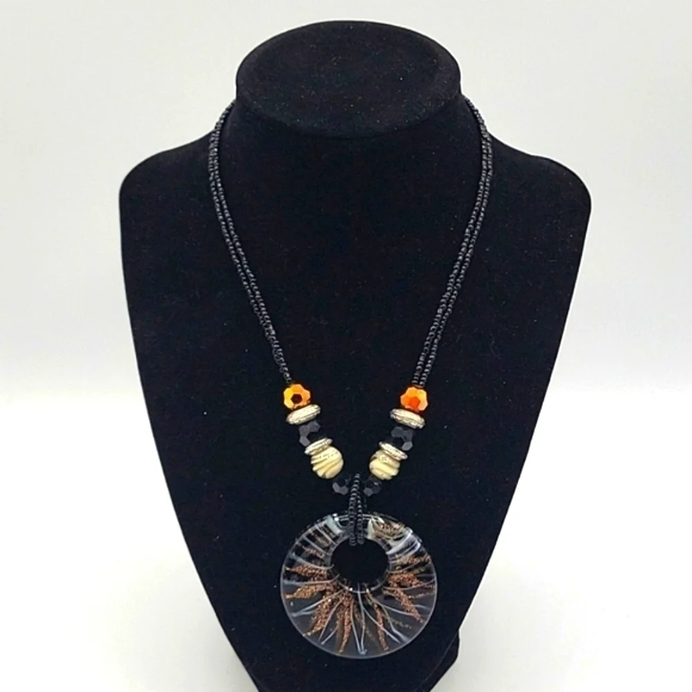 Vintage Double Stranded Adjustable Necklace Circular Medallion Black Bronze